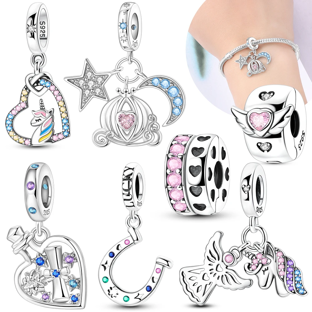 

Pink Zircon Heart Colorful Unicorn Blue Moon 925 Sterling Silver Charm Beads Fit Bracelet Jewelry Diy Women Accessory Gift
