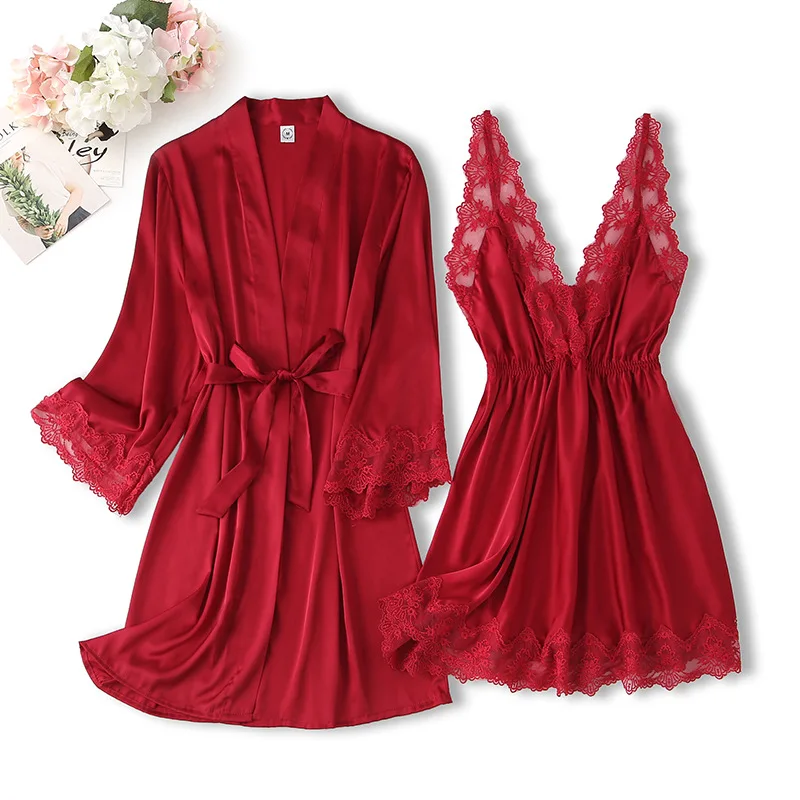 Lace Nightdress Women Robe Bride Bridesmaid Bathrobes Satin Pajamas Set Strap Dress 2 Piece Loose Kimono Sexy Sleepwear Homewear