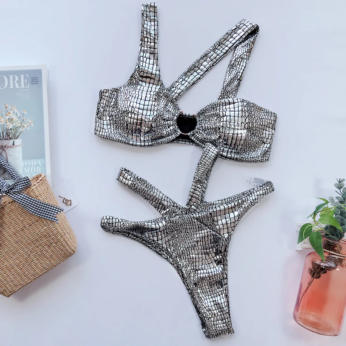 Frauen eine Schulter aushöhlen Bikini Push-up Pad Bade bekleidung Badeanzug Beach wear Set Frauen drucken Bade bekleidung Beach wear
