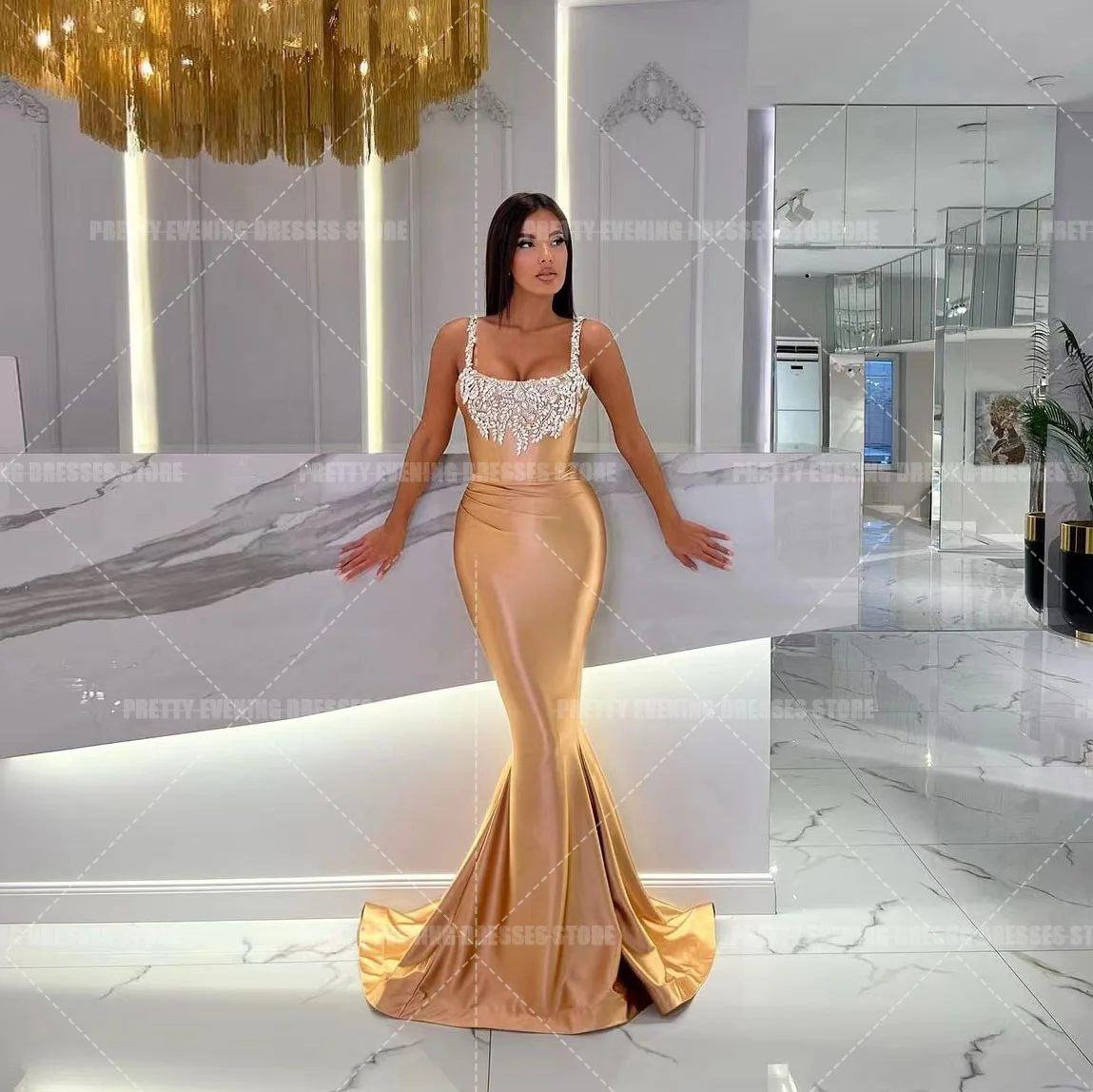 African Gold Sexy Evening Dresses Woman's Mermaid Sleeveless Sequined Formal Elegant Beach Party Party Prom Gowns فساتين السهرة