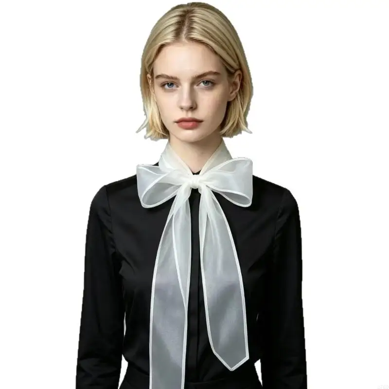 White Sheer Neck Scarf with Organza Look Ribbon Accent for Women