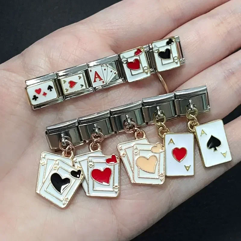 Italian Charm Stainless Steel Bracelet Pendant 9mm Modular Splicing Poker Cards Parts Cute Jewelry Making for Women Men