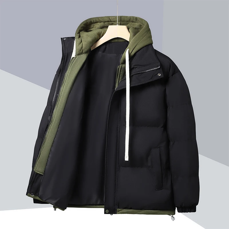 Patchwork Hooded Puffer Jackets Mens Thick Warm Winter Jacket Men Cotton Padded Windproof Parkas Fake Two Piece Coats Outwear