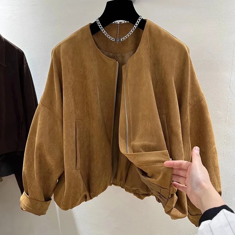 Outono vintage jaqueta com zíper feminino manga longa o pescoço streetwear casacos soltos sólido simples casual retro preppy feminino novo outwear