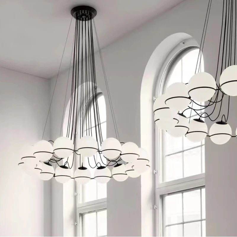 Simple White Glass Ball Chandelier For Living Room Ring Lamp Nordic Villa Loft Stairwell Art Decor High Suspension Headlight