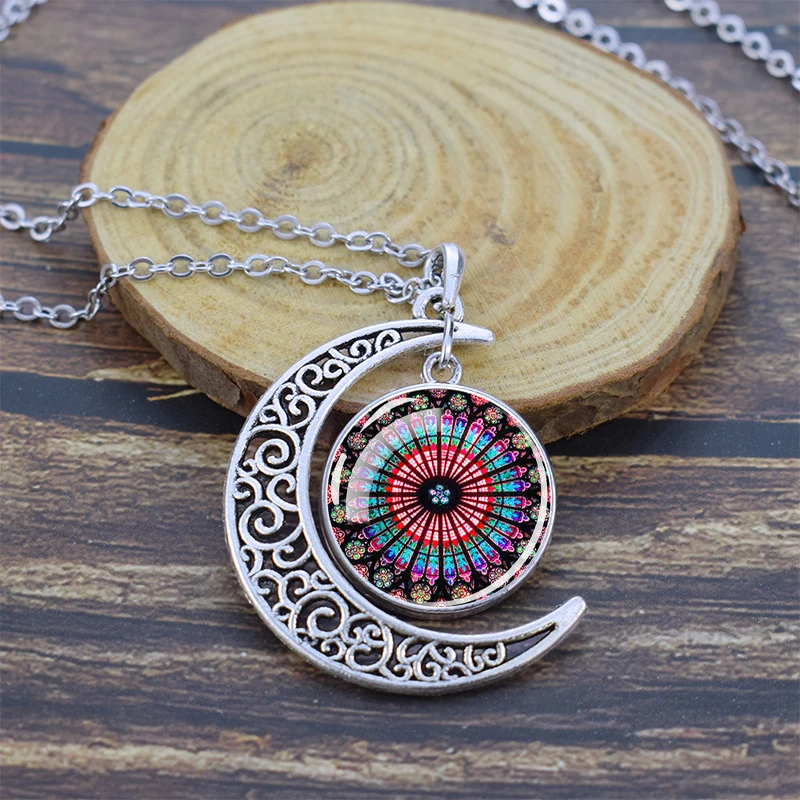 Mandala Necklaces Buddhist Meditation Jewelry Datura Flower of Life Crescent Moon Pendant Necklace for Women Men Lucky Gift