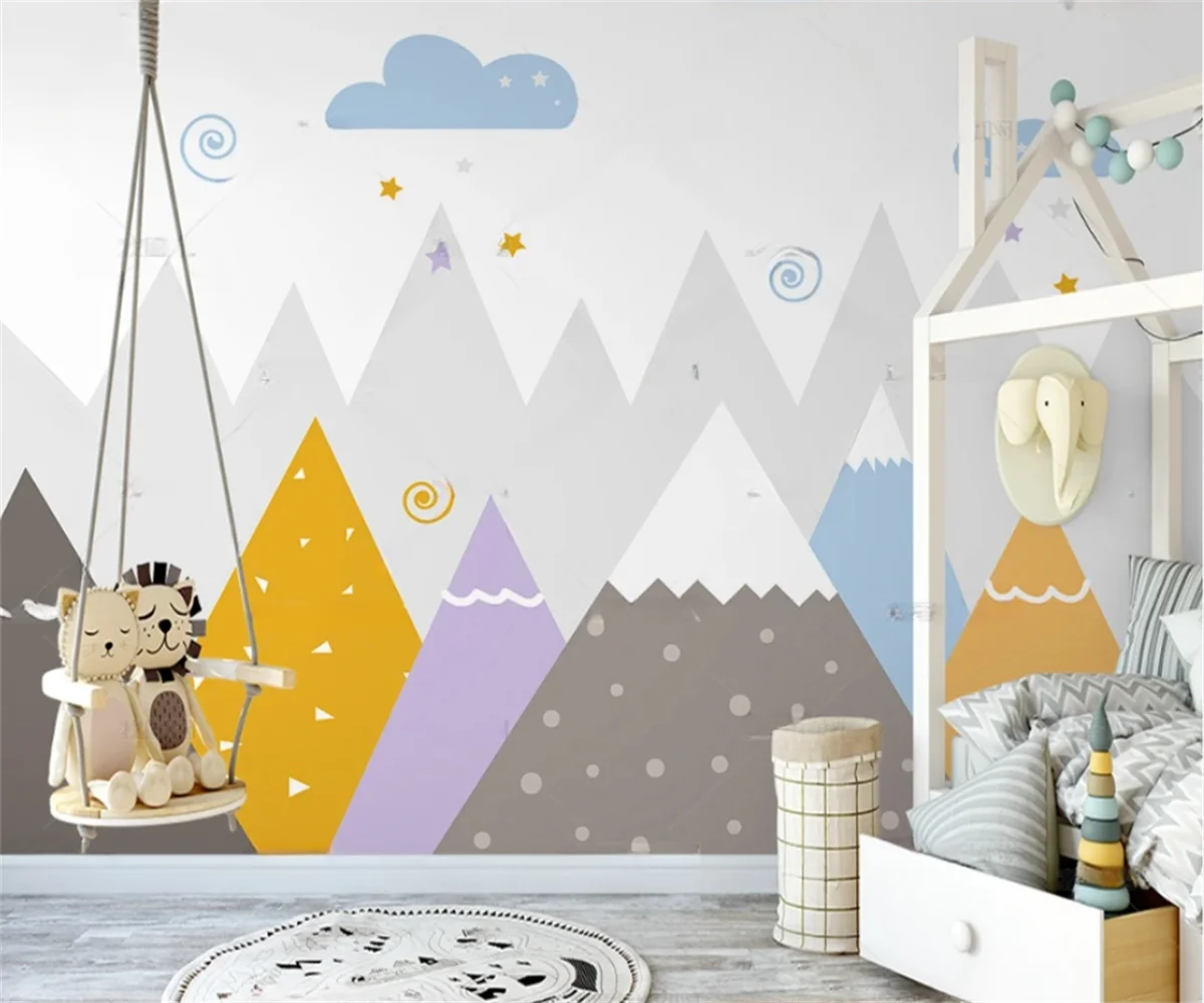 cartoon size wallpaper Nordic geometric Colorful Valley mountain children's room wall paper Bedroom background wall 3D wallpaper