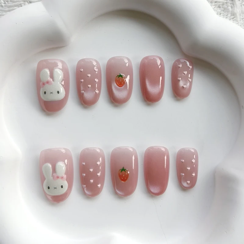 10 Stück Niedliche 3D Polka Dot Hasen Neue Katzenaugen Nagelkunst Kurze Mandel-Form Liebliche Erdbeer-Kaninchen Wiederverwendbare Nagelaufkleber Aufklebbare Nägel – Detail 12