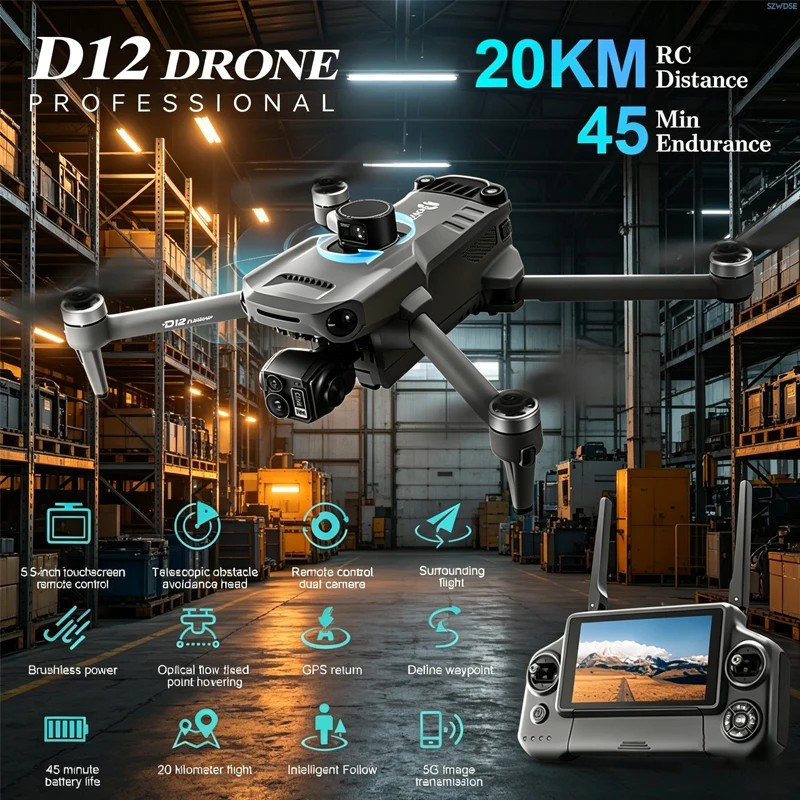 

New D12 MAX Professional GPS Drone With 8K Camera 3-Axis Gimbal 360 Obstacle Avoidance Touch Screen 5G FPV Brushless RC Dron