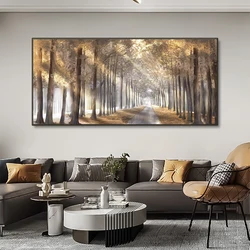 Autumn Nature Forest Foggy Landscape Wall Art Canvas Painting Tree in Sunshine Poster Print Picture for Modern Living Room Decor