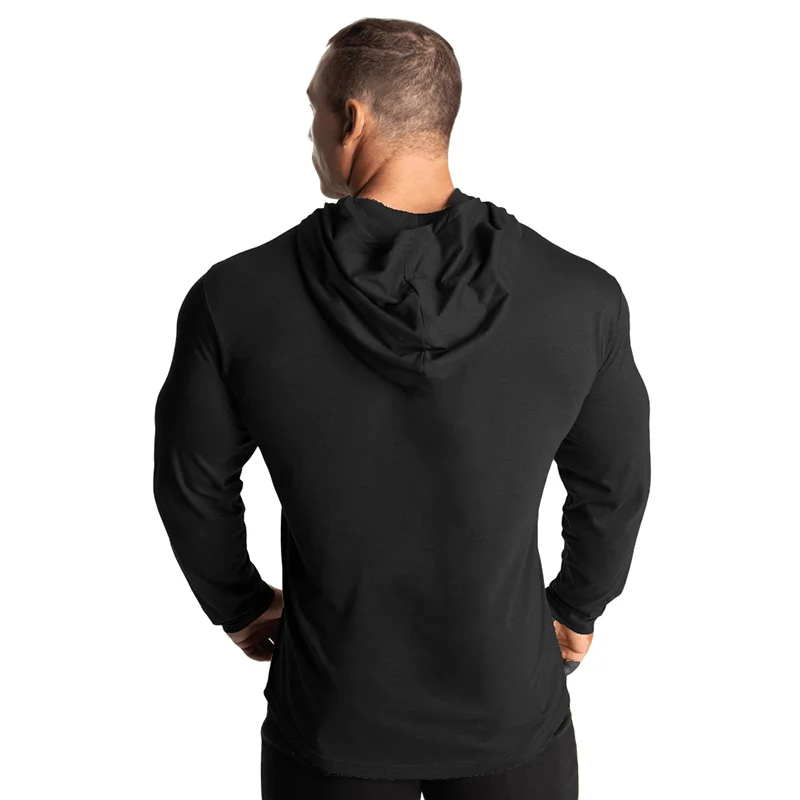 Autumn Spring Hooded Gym Clothing Mens Cotton Fitness Slim Fit Long Sleeve T Shirt Men Solid Bodybuilding Sports Tee Shirts