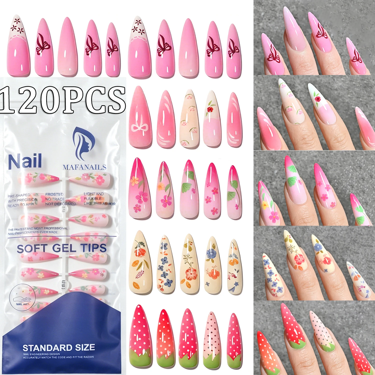 120Pcs Long Almond Press On Nails Mixed 5 Styles Bow Floral Strawberry Full Cover Acrylic Fake Nails Summer Y2K Sweet False Nail