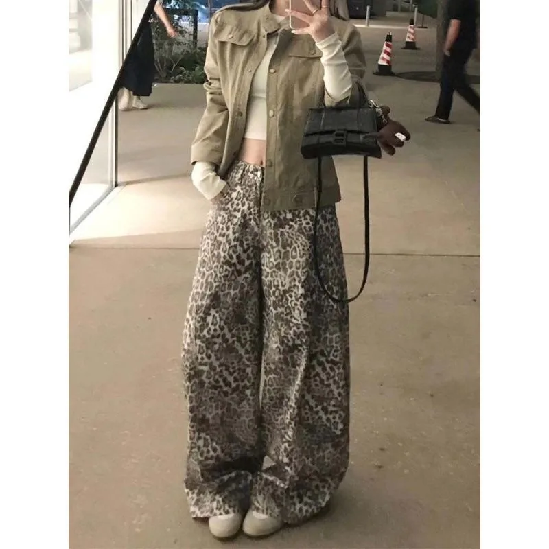 

Джинсы женские свободного кроя с широкими штанинами, на молнии, из денима с покрытием, в стиле ретро, американские, с высокой талией, с леопардовым принтом, летние, 2000-х годов, модель 2026