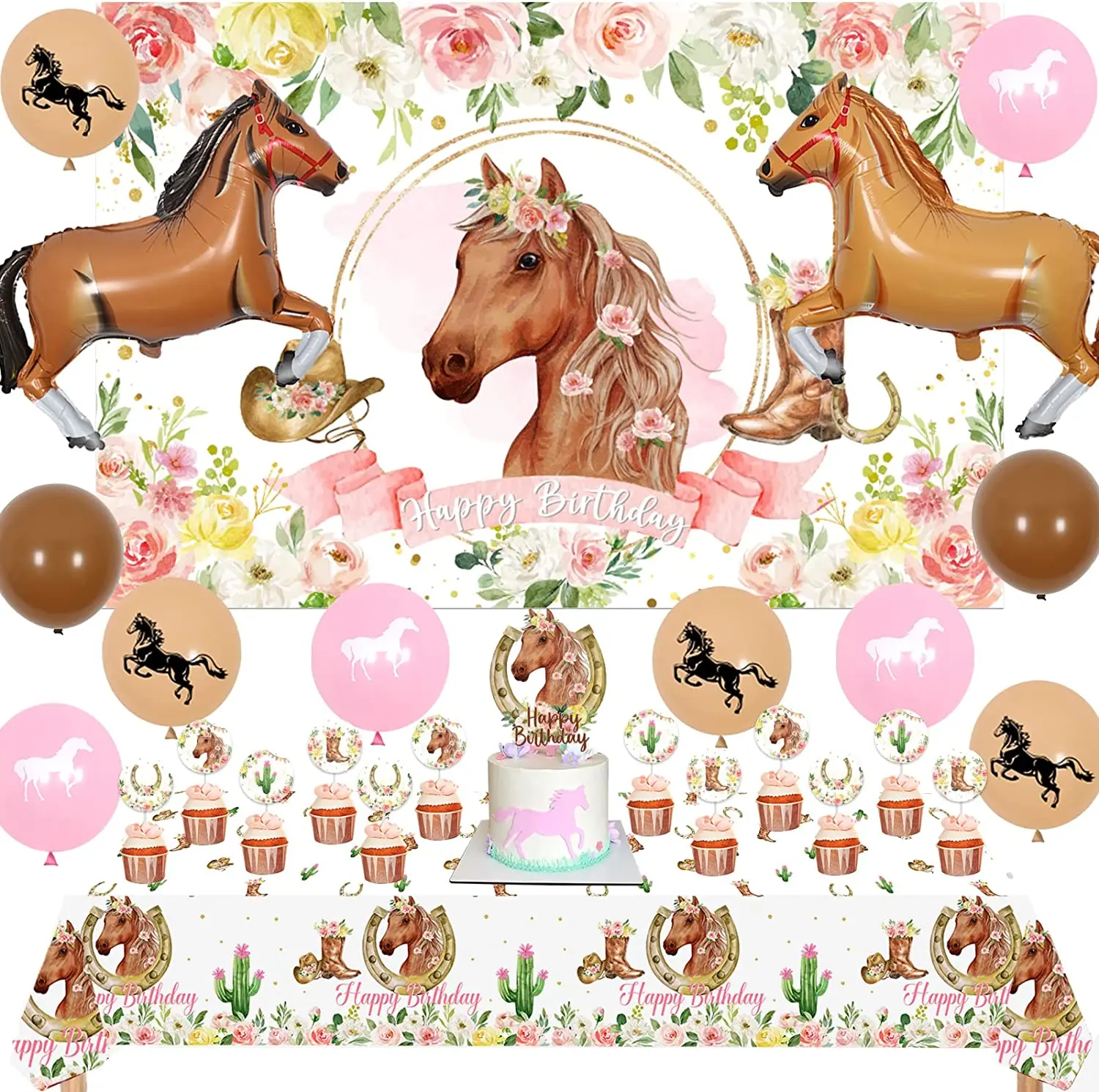 

Horse Birthday Party Decorations Girls Horse Backdrop Cupcake Toppers Tablecloth Balloons for Western Cowgirl Birthday Supplies