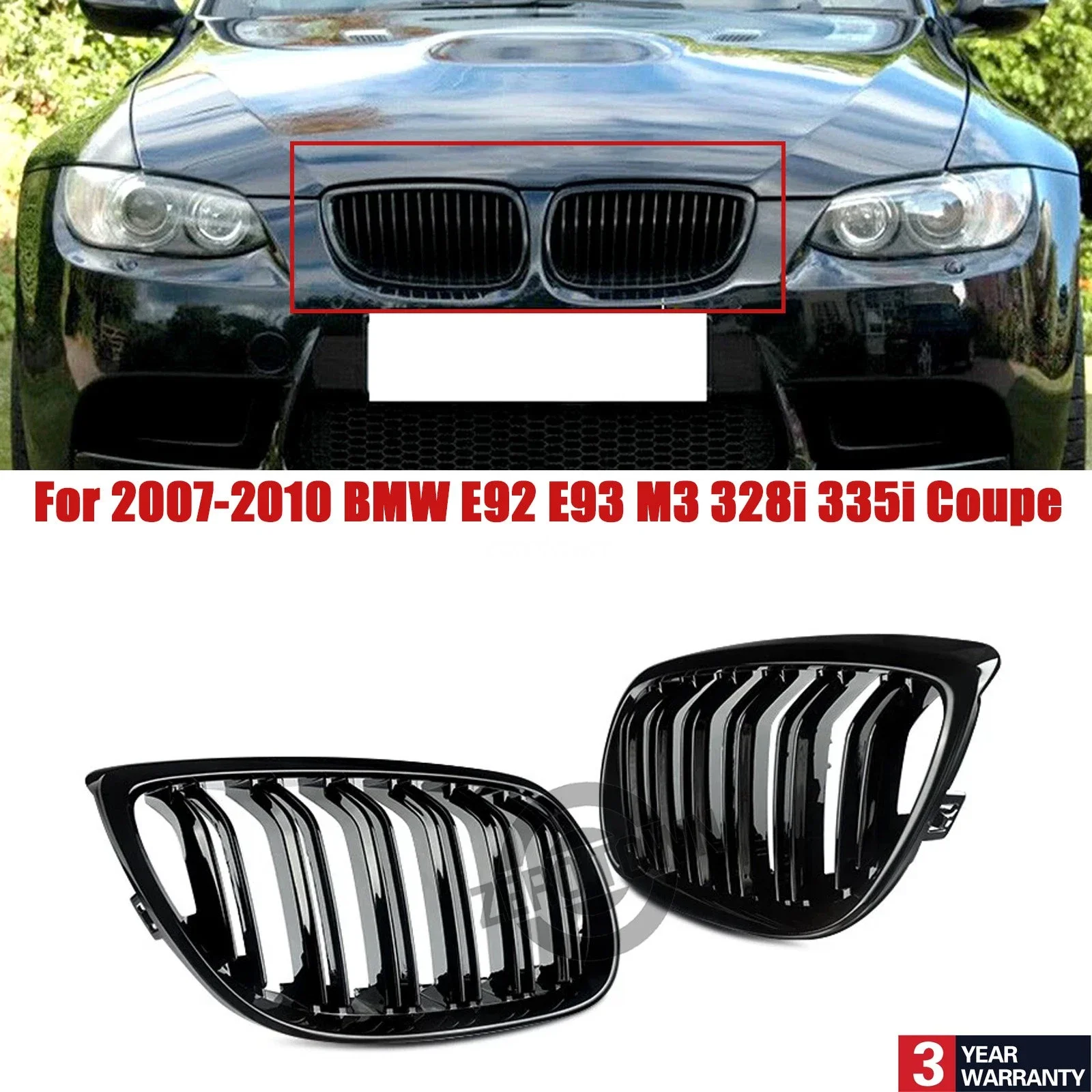For BMW 3 Series E92 E93 M3 325xi 320i 325i 325i 328i 330i 335i  06-09  Gloss BlackCar Front Bumper Grilles Racing Kidney Grille