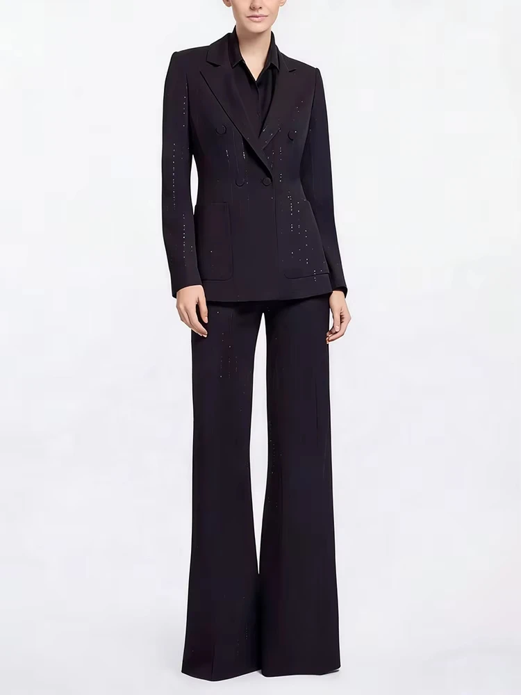 

High quality Newest 2026 Black Elegant Stylish Designer Suit Set Women's Bead sequin Blazer Pants Sets Party 2pcs костюм