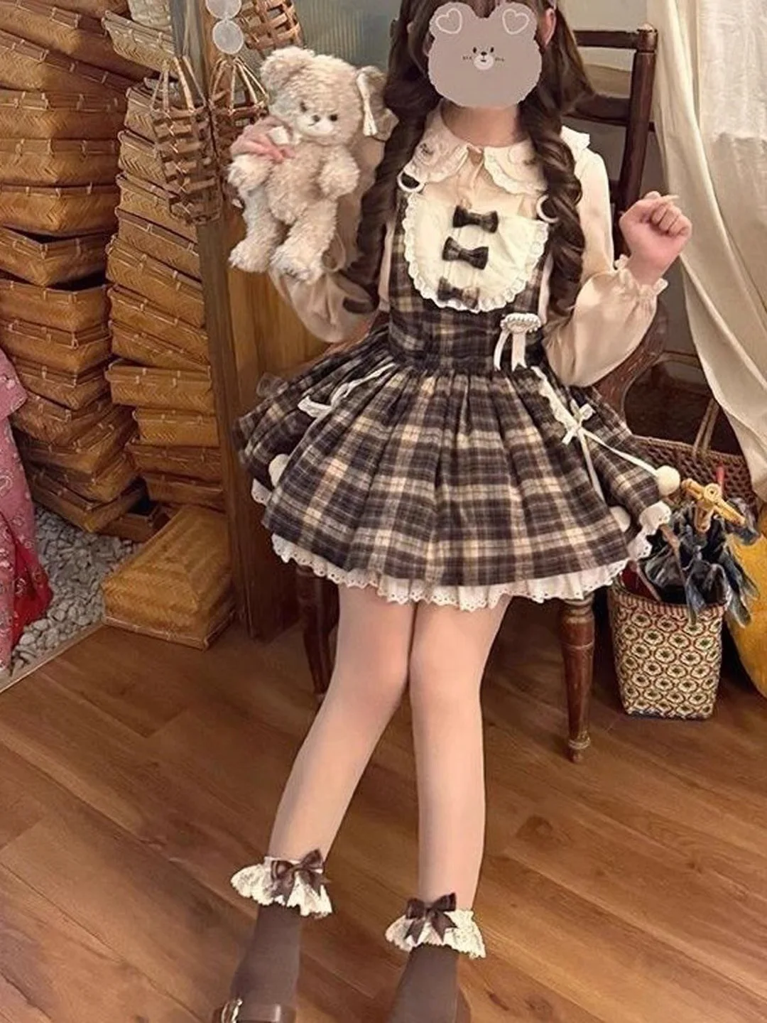 Princess Style Lolita Dress Set for Women Sweet Lightweight Doll Collar Top And Overalls Two Piece Set Autumn Winter Fashion
