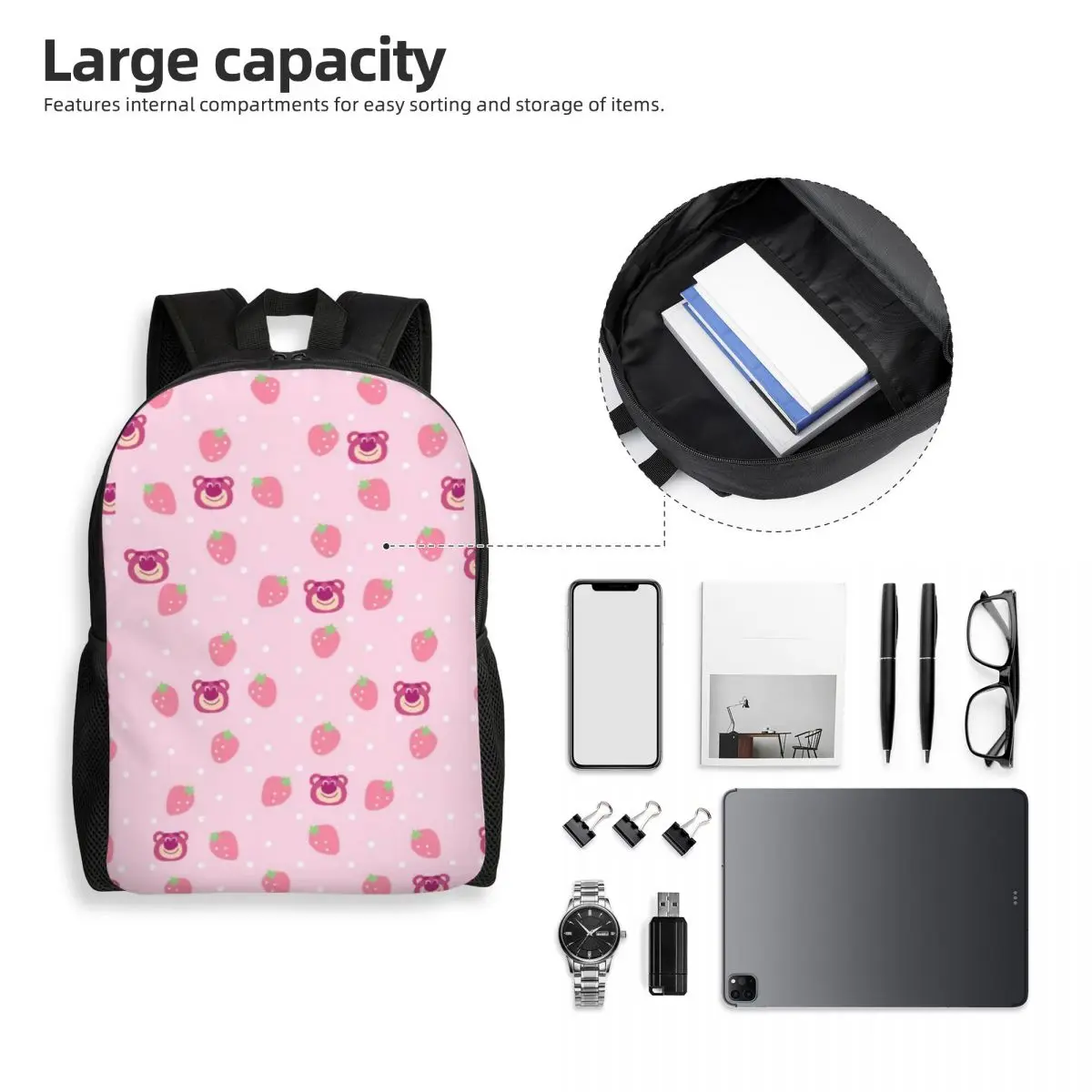 Mochila para laptop Lotus Huggin personalizada para homens e mulheres, padrão de urso, mochila básica para escola