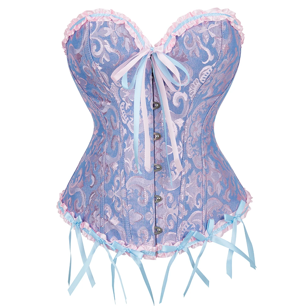 Corsetto Overbust plissettato corsetto con rifiniture in pizzo Jacquard vita Bustier Top Lingerie Korset Basques