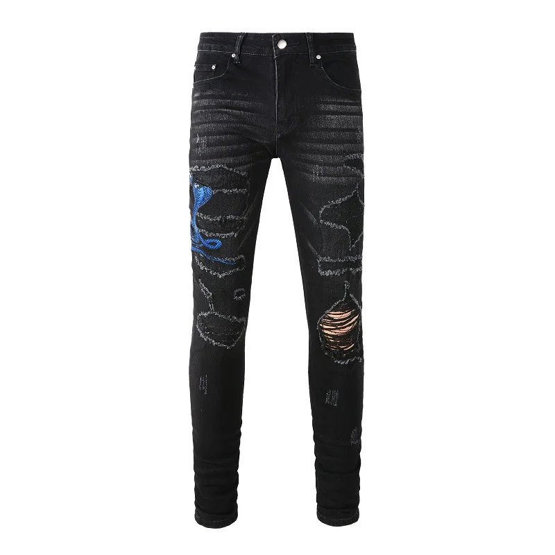 NEw Men's Embroidered Blue Snake Patchwork High Street Distressed Slim Fit Stretch Holes Patches Ripped Washed Black Jeans