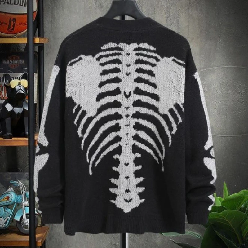 Cárdigan de manga larga con estampado de calavera de Halloween para hombre, abrigo con cuello en V y botones, suéter vintage y2k, otoño e invierno, 2023