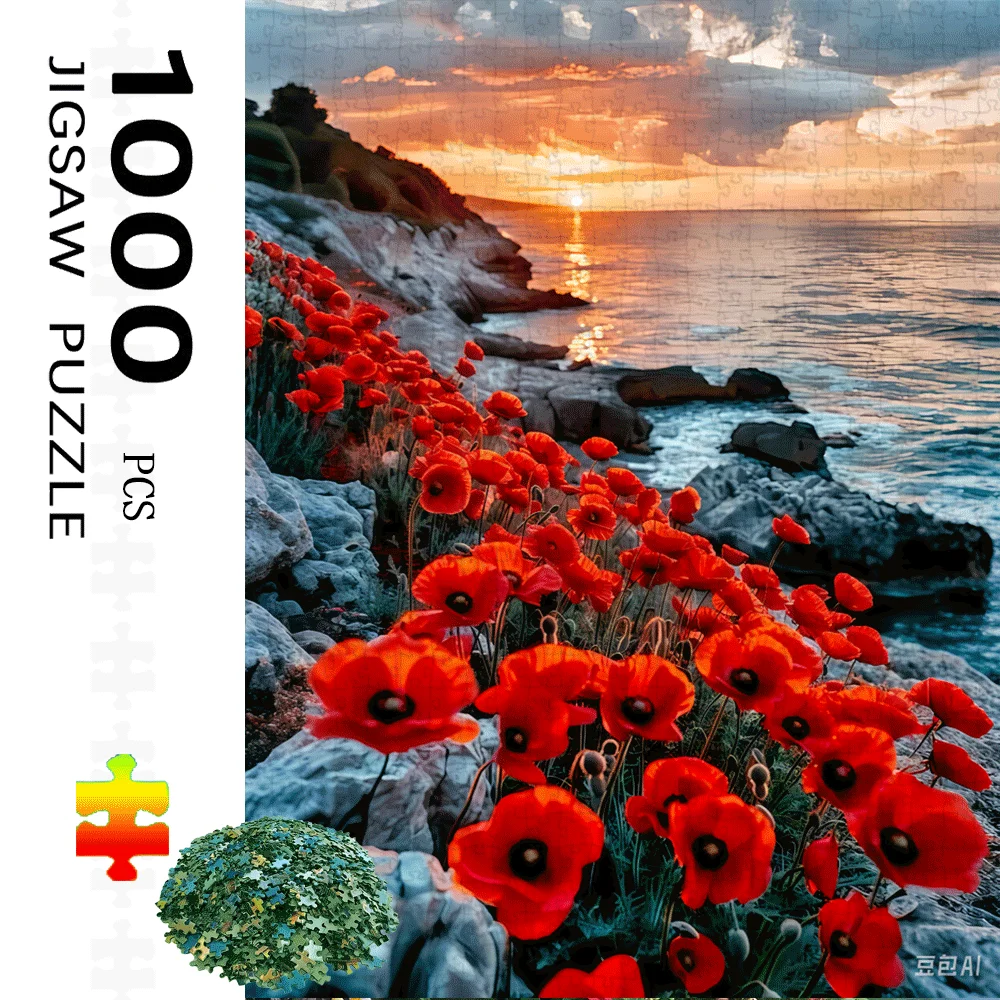 

1000pcs Poppy Coast with Red Poppies & Cliff Landscape - Challenging Jigsaw Puzzle Suitable for Adults, Family Activity, Brain