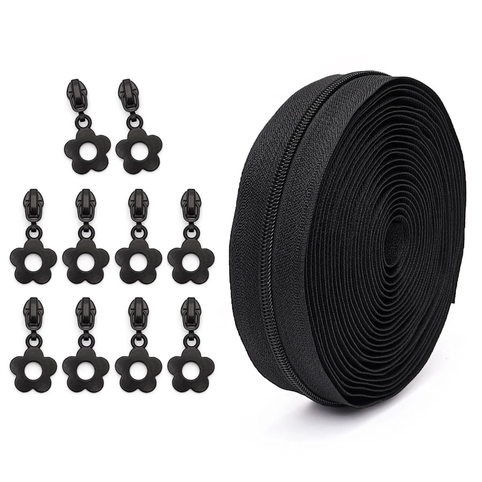 #3 Nylon Zipper 4.5 Meters and 10 Small Flower Zipper Pulls Suitable for DIY on Suitcases Bags and Pencil Cases
