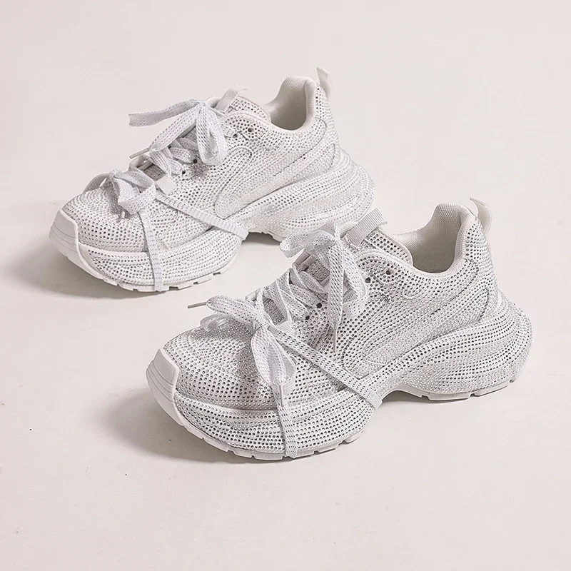 5cm Genuine Leather Rhinestone Bling Chunky Sneakers Spring Autumn Rubber Soles Breathable Platform Wedge Women Fashion Shoes