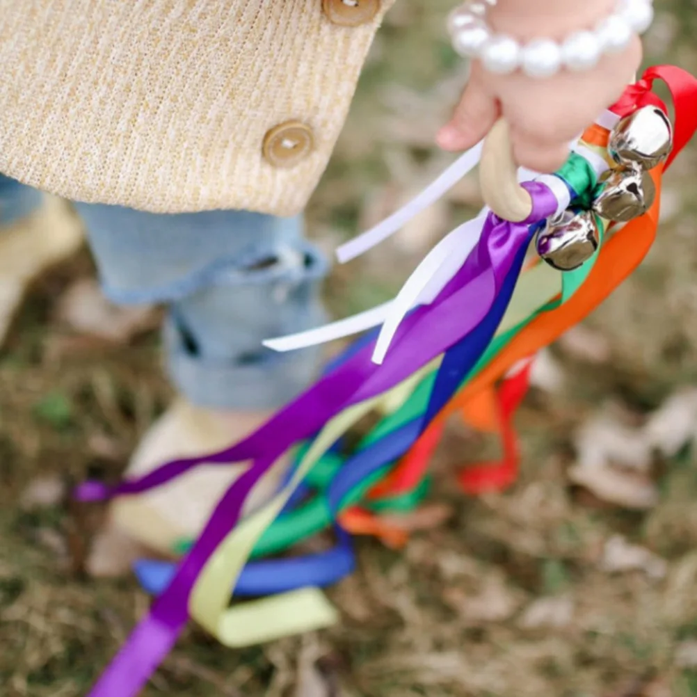 

2pcs Rainbow Circle Colorful Ribbon Streamers Kids Educational Bells Handle Twirler Outdoor Polyester Ring Safe Early