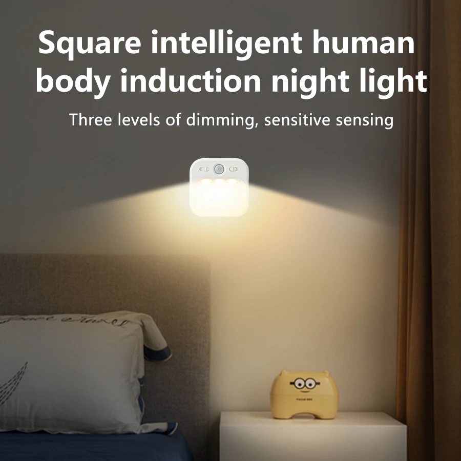 

White Mini Square Body Sensor Night Light Bedside Sleeping Light Cabinet Light Tricolour Dimmer Eye Protection For Bedroom