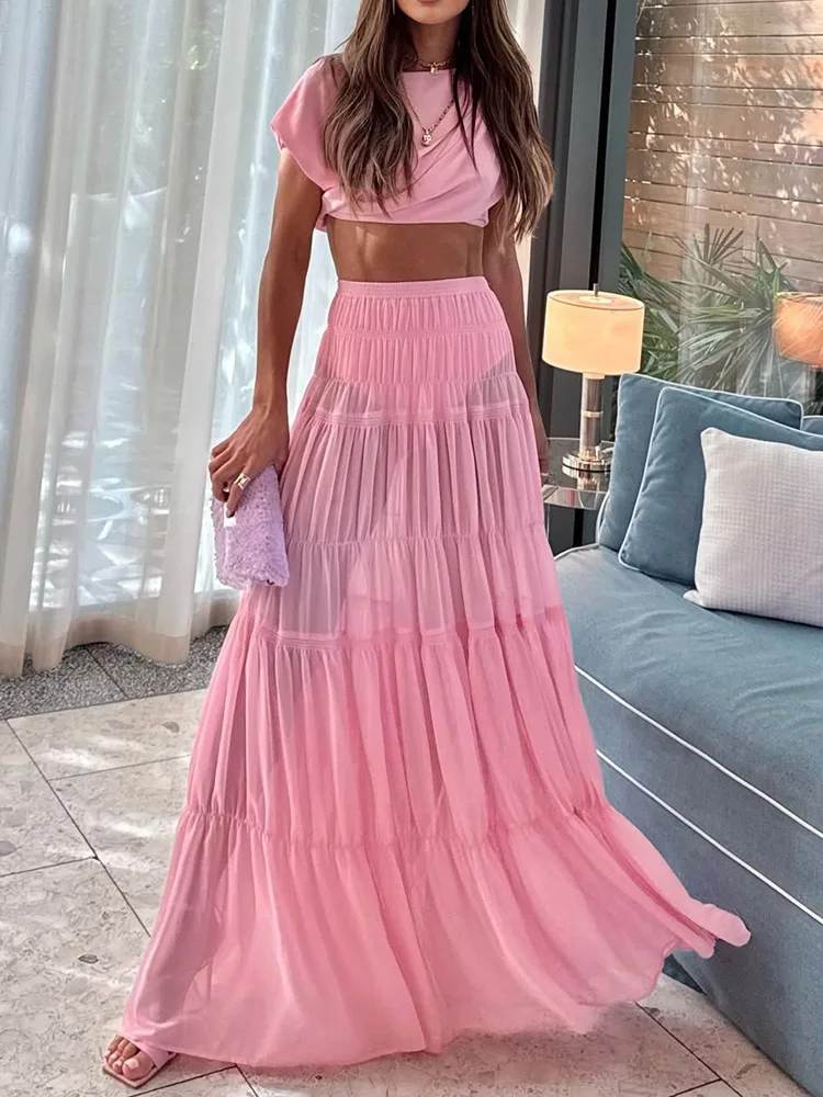 

Summer Sexy Women Beach Skirt Two Piece Set Pink Slim Short Tops And Skirt Matching Suit Femme Party Club Skirt Outfit 2PCS Sets