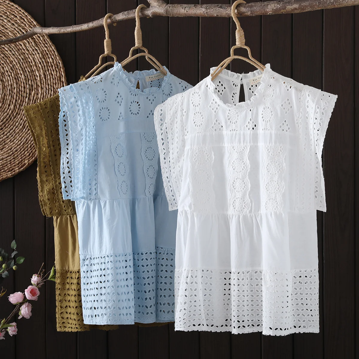 Bohemian shirts and blouses women tops summer Korean Fashion stand collar hollow out embroidered cotton shirts