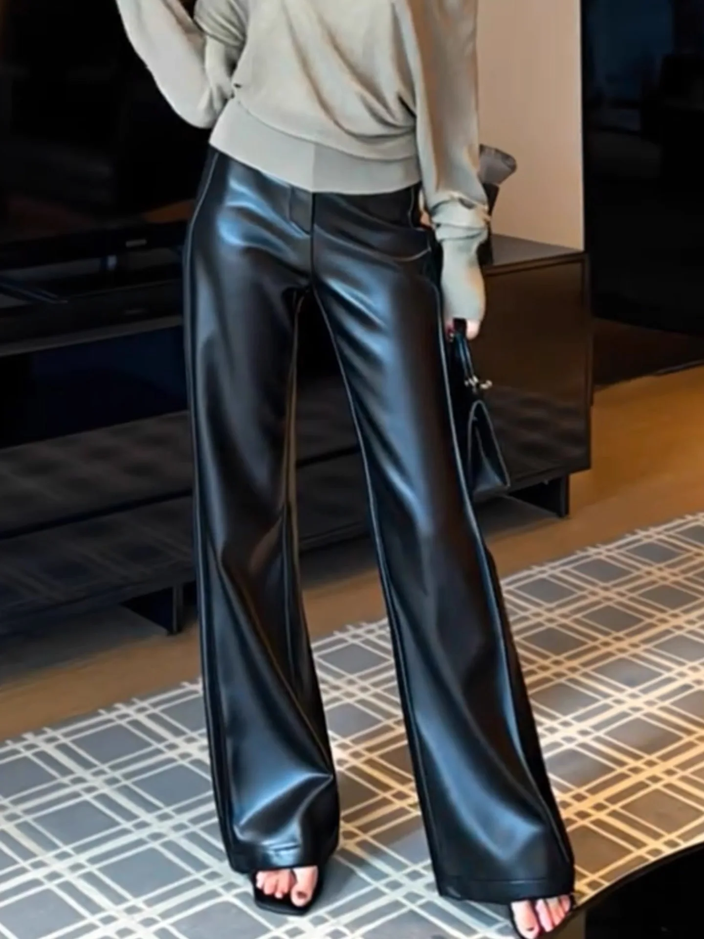 

Женские прямые брюки из натуральной кожи Ele: модные, универсальные, широкие, с высокой талией, осенне-зимняя новинка