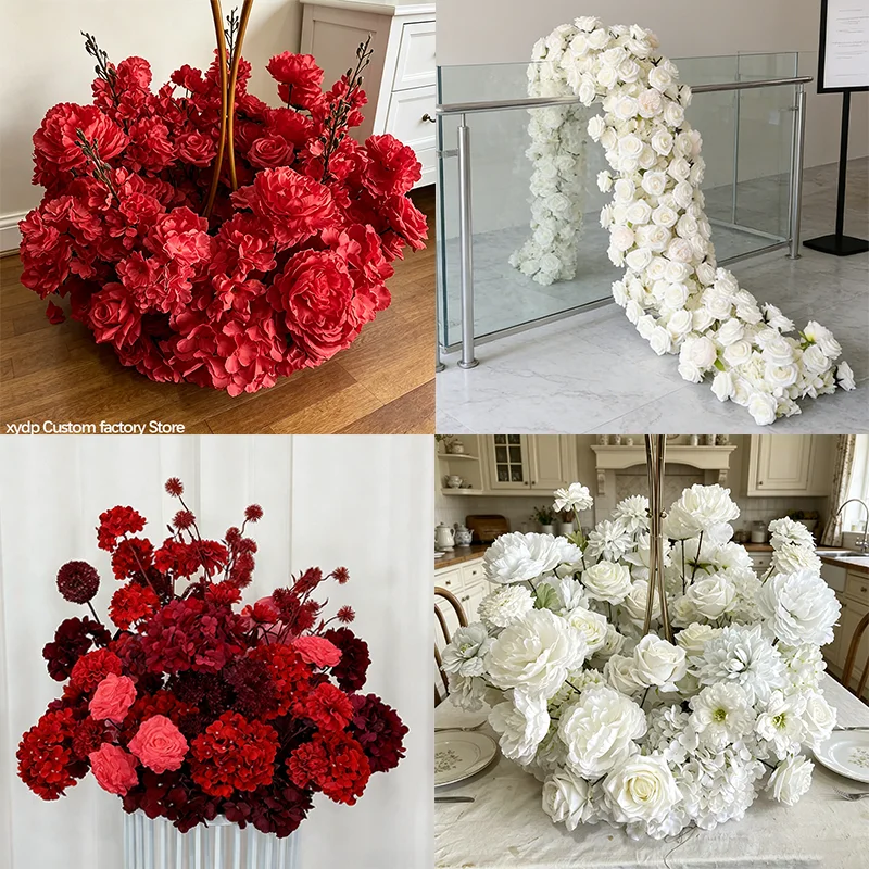 Weiße Kunstblumen Luxus Hochzeitsdekoration Sofa-Läufer Blumenreihe Event-Tischläufer Kranz Hortensie Rose Seiden-Blumenball – Detail 1