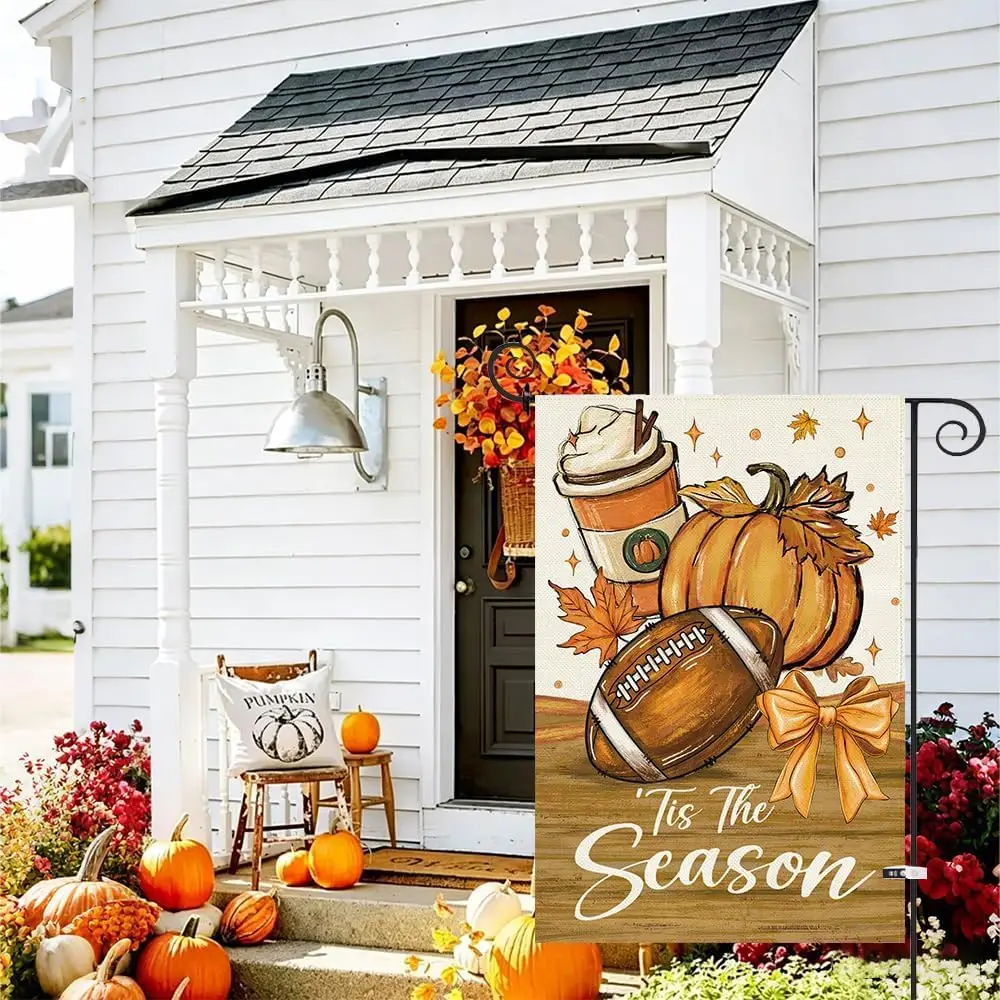 Fall Garden Flag 12.5 x 18 Inch, Pumpkin Spice Latte Football Double Sided Burlap Welcome Small Yard Flag Autumn Thanksgivin kkz