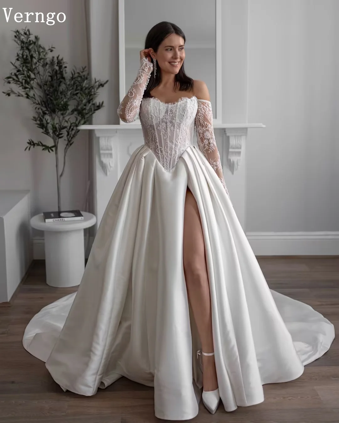 

Verngo lvory Satin Wedding Dresses Off The Shoulder Full Lace Sleeves Bridal Gowns Women Slit Bride Dresses Customized