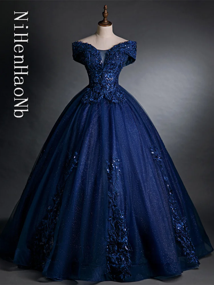 Vestidos de quinceañera azul marino, vestidos de baile de tul, hombros descubiertos, apliques dulces 15 16, vestidos de fiesta