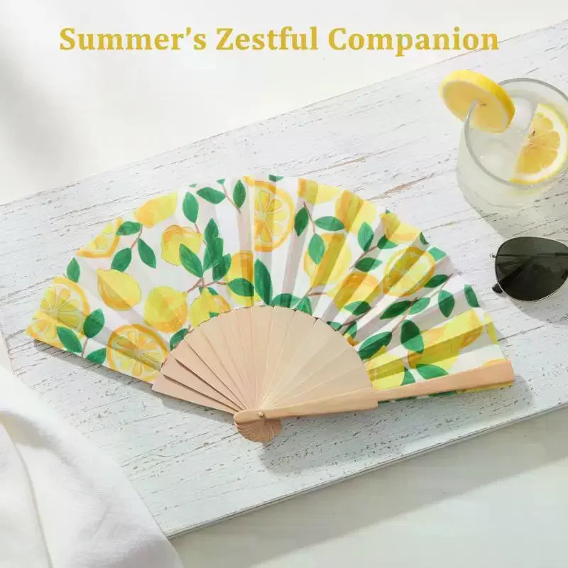 Lemon Print Folding Hand Fan-Bamboo Fabric Fruit Pattern Handheld Fan for Summer Cooling Wedding Party & Dance Performance Decor