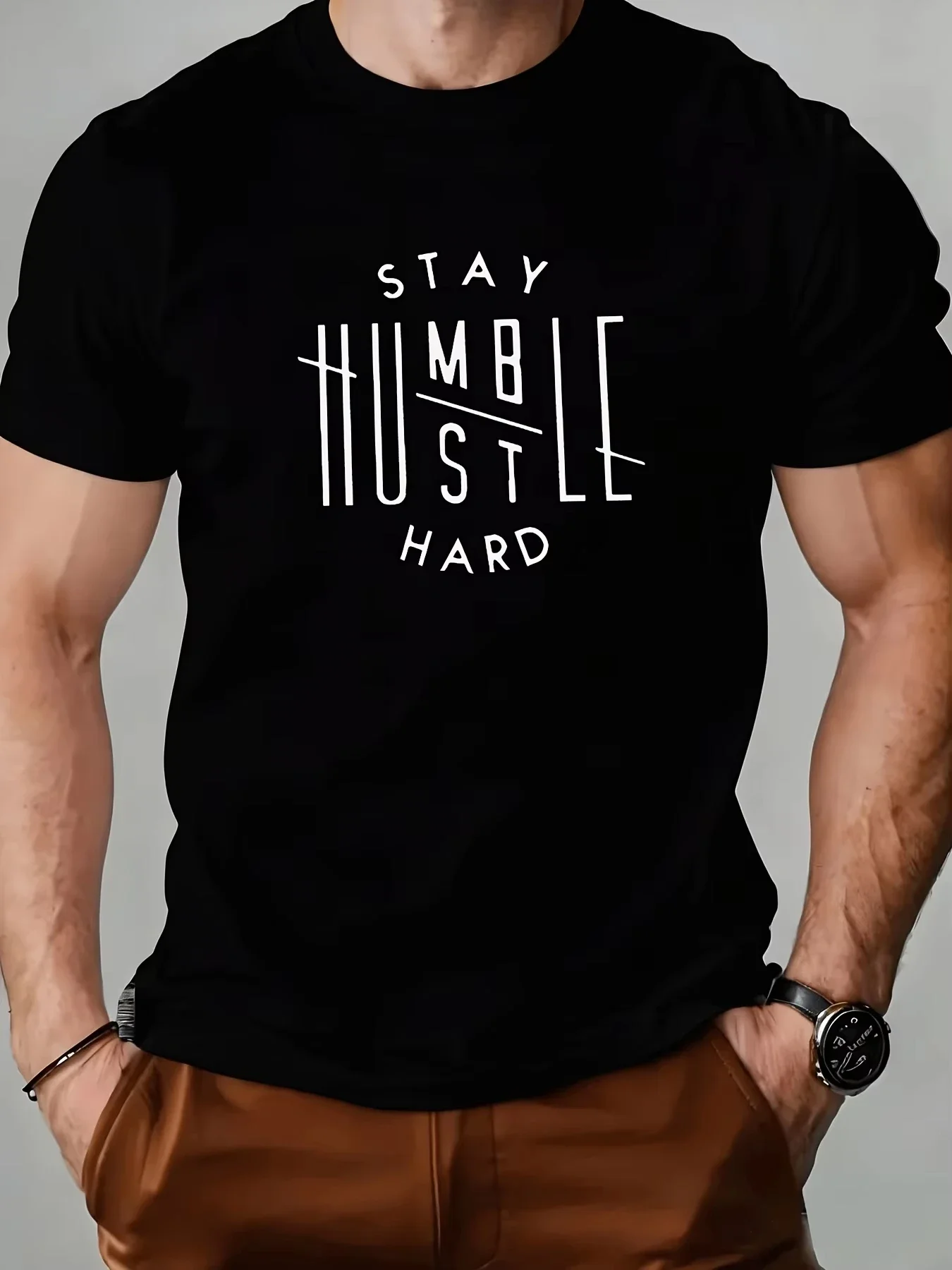 Men Dark Grey Short Sleeve O-Neck T Shirt Motivational Stay Humble Hustle Hard Letter Graphic Print Casual Daily Tee