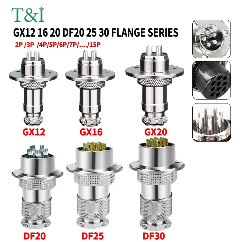 GX12 GX16 GX20/25/30 M25 Aviation Plug Socket Circular Flange Mounting 3-Hole Fixing 2/3/4/5/6/7/8/9/10/12/14/15pin Connector