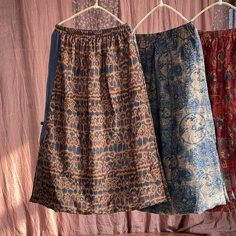 

Осенне-зимняя льняная юбка ручной работы с хлопковыми пуговицами, винтажная длинная хлопковая юбка с цветочным принтом, А-силуэт, средняя талия