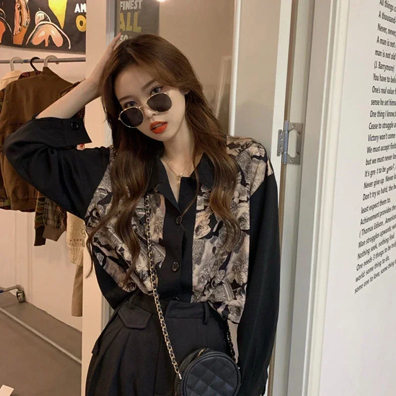 GIDYQ Vintage Printing Patchwork Shirt Women Korean Fashion Casual Long Sleeve Blouses Simple Unisex Button Turn Down Collar Top