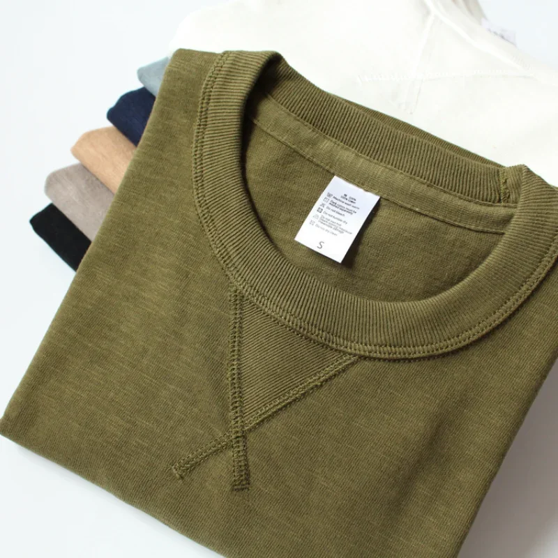 Heavy 300g Cotton T-shirt Men's Seamless Weaving Bamboo Cotton Short Sleeve Unisex Clean Fit Design Collar Undershirt WJ108