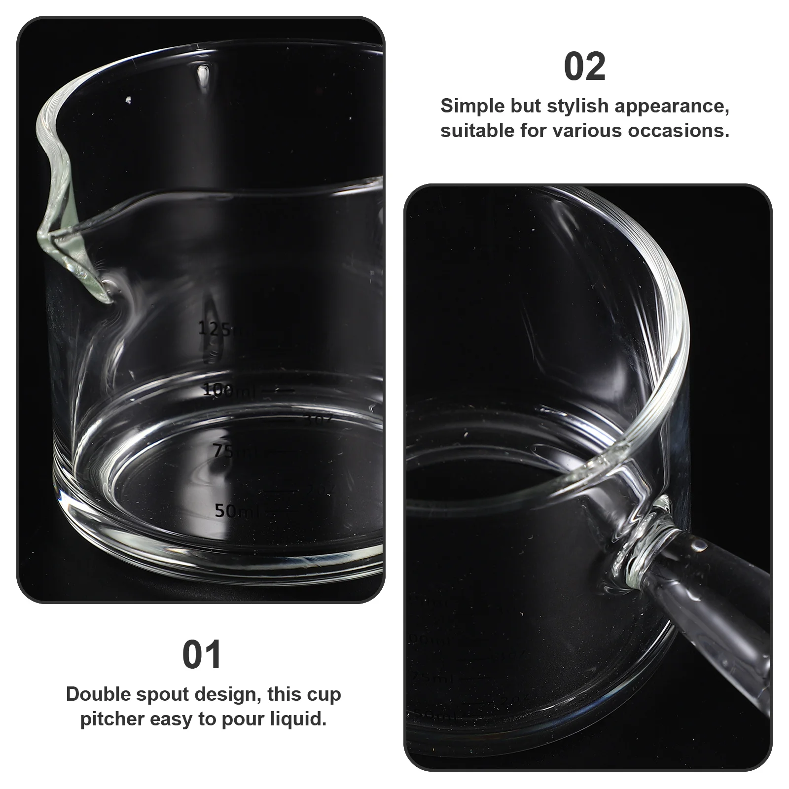 

Double Spouts Glass Measuring Cup Mini Milk Pitcher with Handle for Coffee Creamer and Syrup Dispenser Clear Glass Pitcher