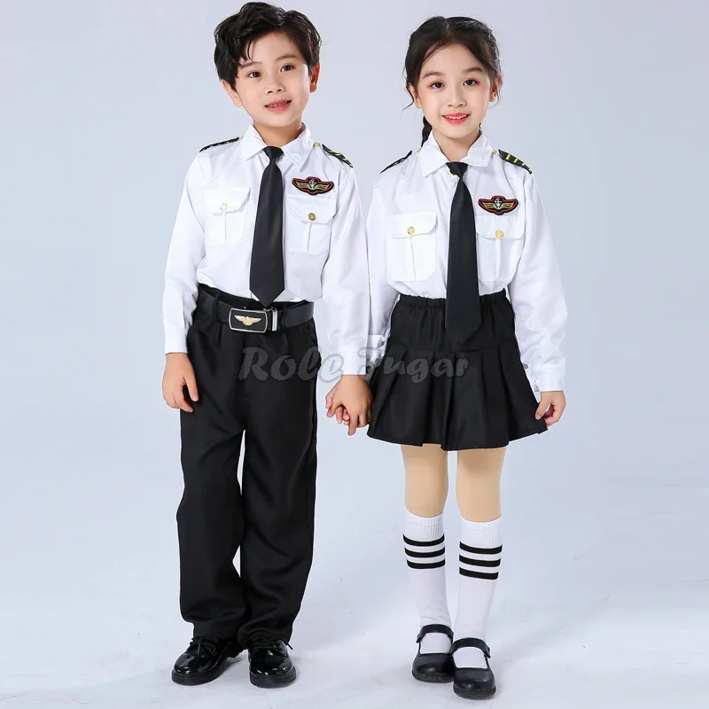 Kinderluchtmacht Stewardessen Uniform Cosplay Kostuum Jongens Meisjes Halloween Party Pilots Performance Sets