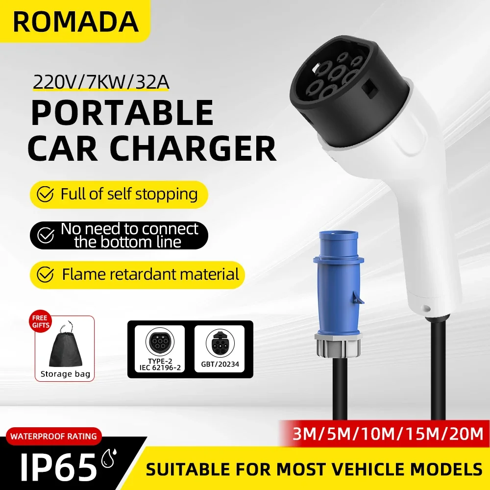 Romada type2 IEC62196-2 para veículo elétrico 7kw 32a ev carregador portátil 3m 5m 10m 15m 20m cabo evse cee plug wallbox adaptador