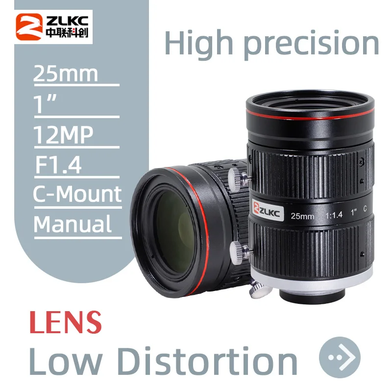 ZLKC F1.4 Objektiv mit großer Blendenöffnung für FA-Kameras, 25 mm Festbrennweite, 1,1 Zoll hochauflösendes Objektiv, 12 MP, C-Mount, manuelle Blendensteuerung, für Bildverarbeitungskameras