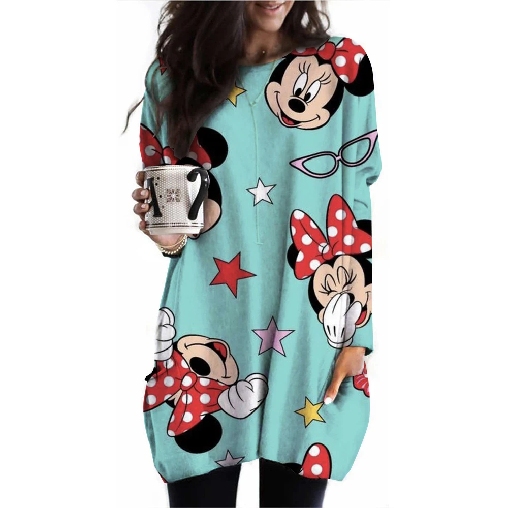 Women\'s Spring and Autumn New S-3XL Large T-shirt Solid Color Long Sleeve Loose Disney\'s Mickey Mouse Casual Harajuku Waist T-sh