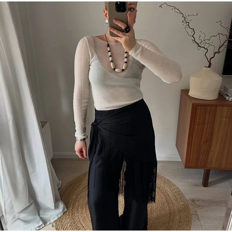 Fringe Wrap Skirt Solid Tie Waist Boho Style Elegant Women Fashion All-match Mini Skirts 2026 Party Chic Casual Vacation Outfit