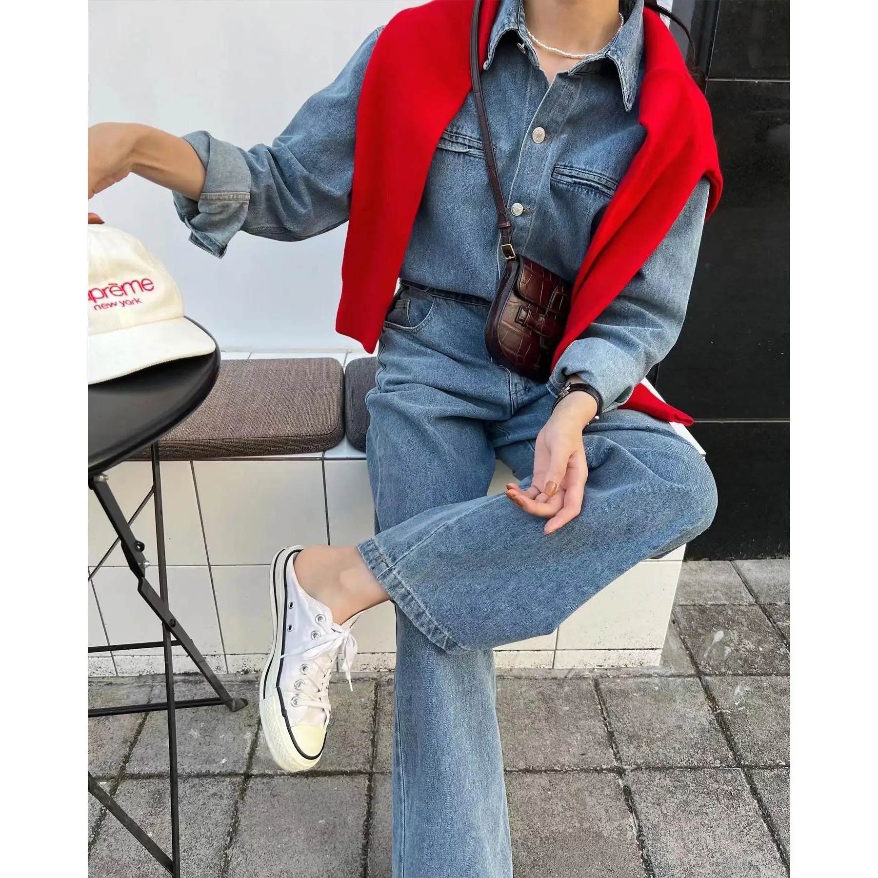 Laid-ba Salopette di jeans casual vintage Ele Pantaloni a gamba larga a vita alta Materiale di cotone Collezione primaverile per W di mezza età...